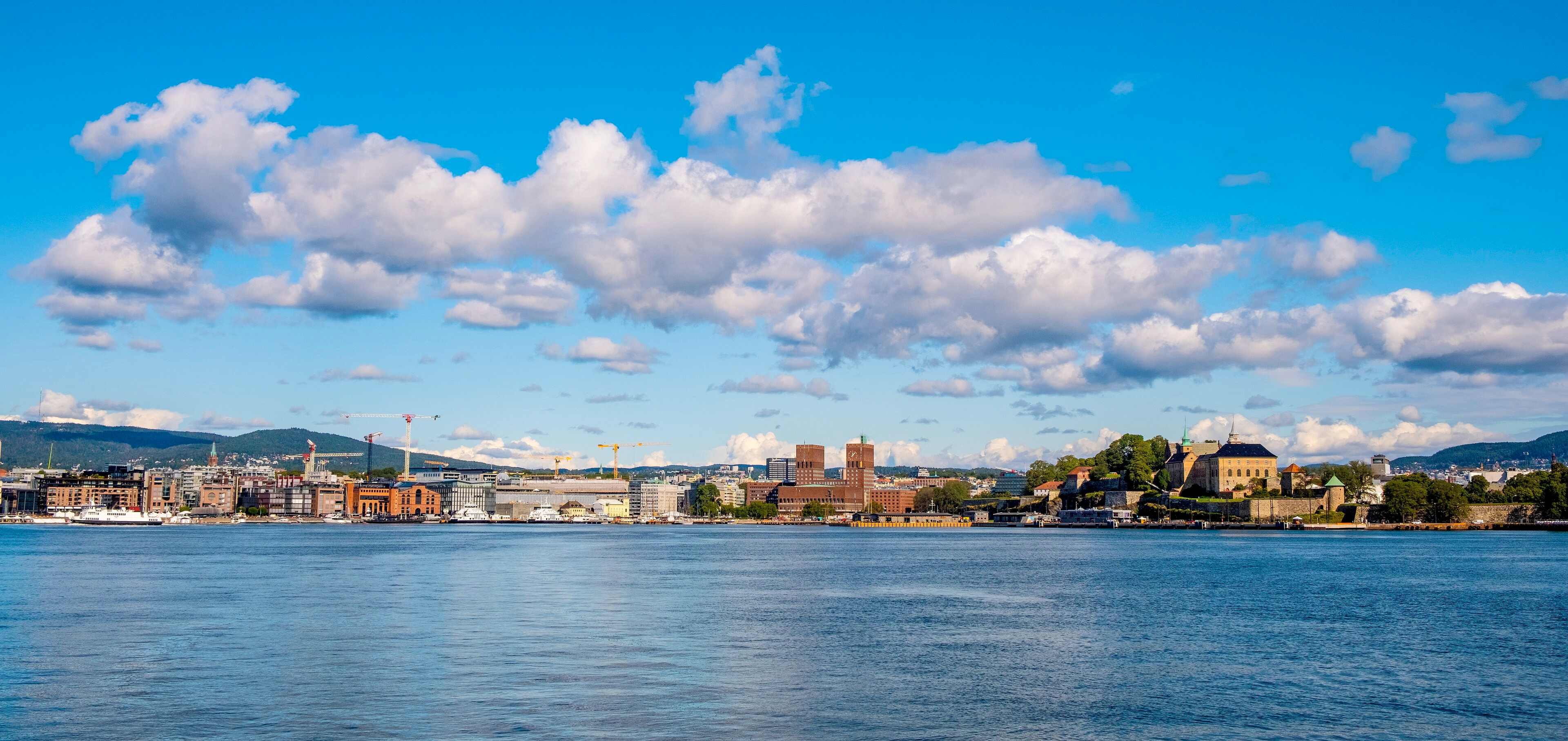 Oslo waterfront at golden hour with the Oslofjord